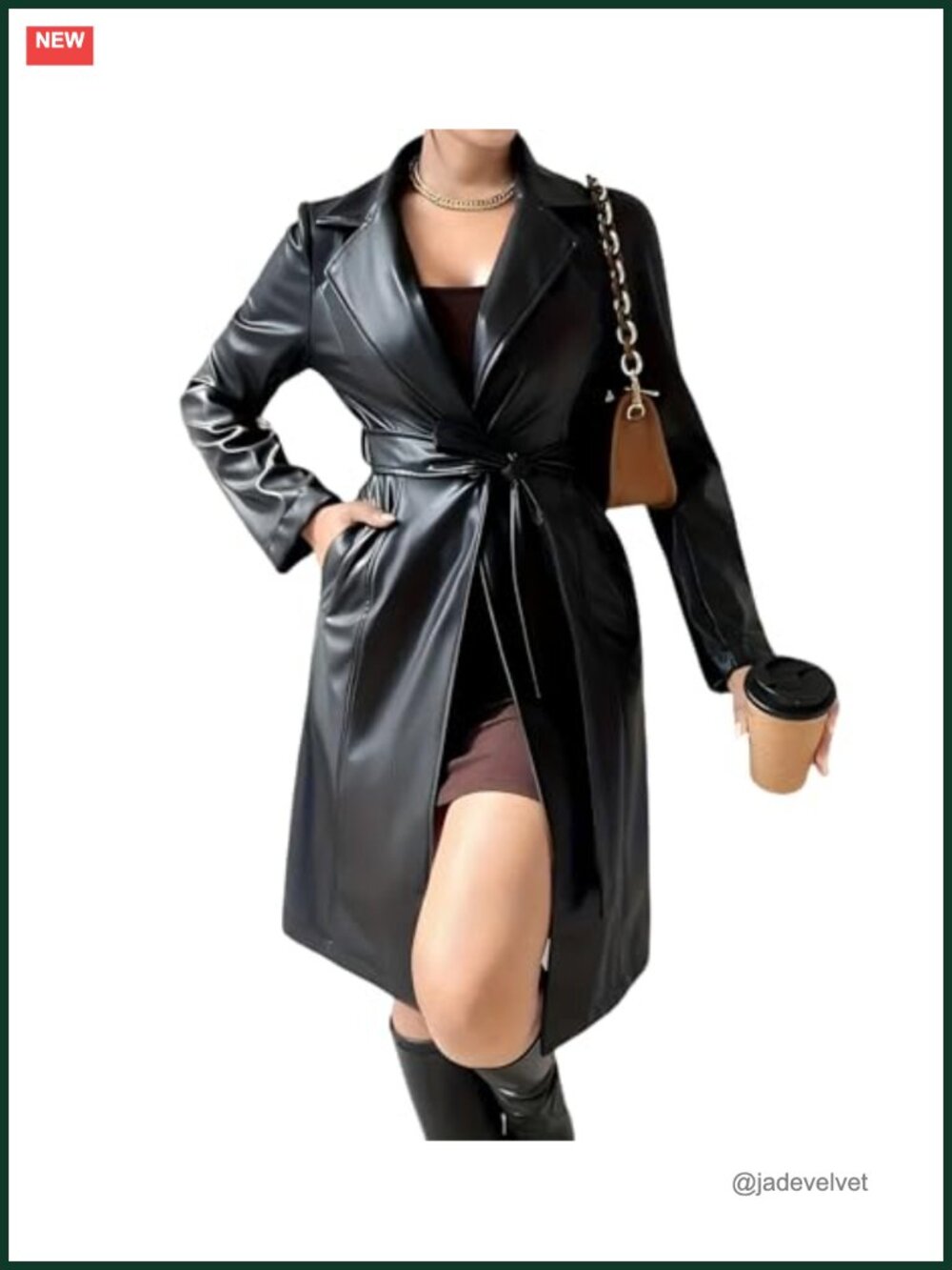 Long Sleeve PU Leather Trench Coat With Belt Slash Pockets Below Knee